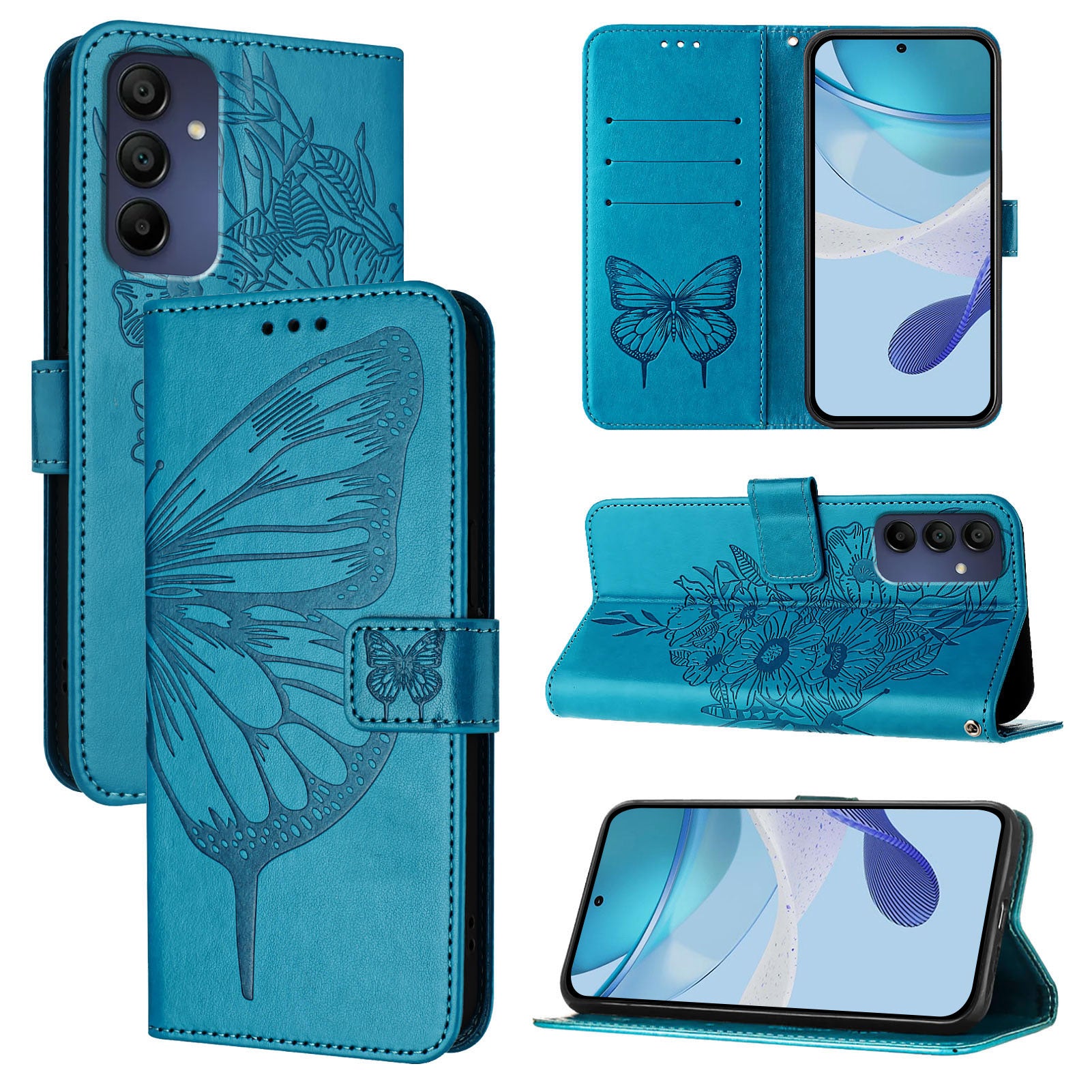 For Samsung Galaxy A16 5G / A16 4G Case YB Imprinting Series-4 Butterfly Flower Flip Wallet Leather Phone Cover - Blue For Samsung Galaxy A16 5G / A16 4G Case YB Imprinting Series-4 Butterfly Flower Flip Wallet Leather Phone Cover - Blue